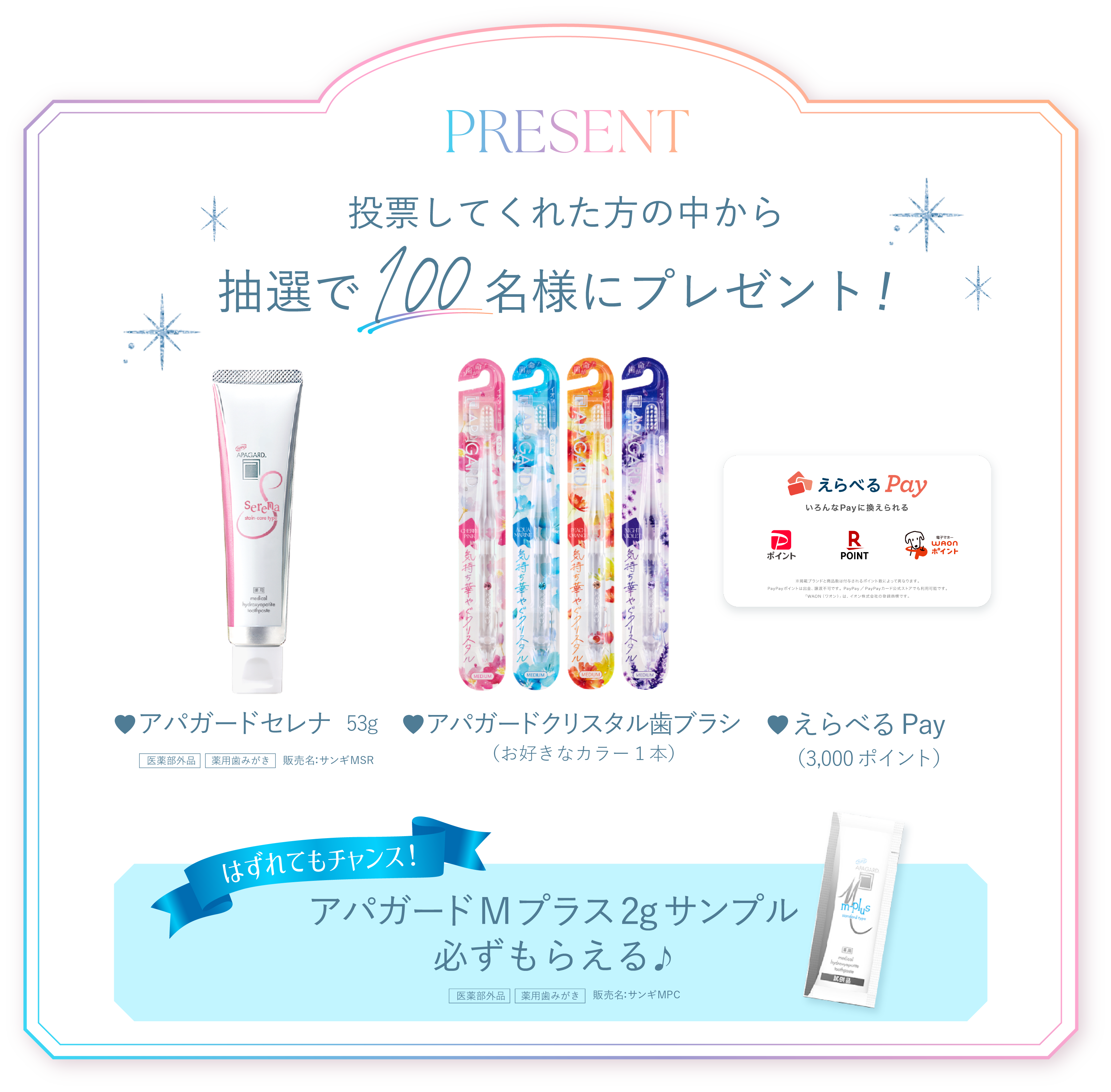 PRESENT 投票してくれた方の中から抽選で100名様にプレゼント！アパガードセレナ53g、アパガードクリスタル歯ブラシ（お好きなカラー１本）、えらべるPay（3,000ポイント）、はずれてもチャンス！アパガードMプラス2gサンプル必ずもらえる♪